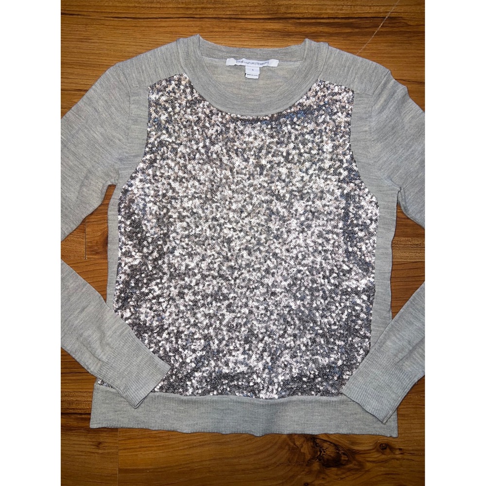 Diane von Furstenberg DVF Gray Wool Sequin Front Silk Lined Sweater Small